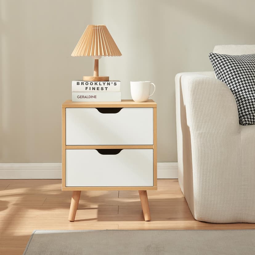 [en.casa] Bedside table Bordkak nightstand with 2 drawers side table 50 x 40 x 30 cm chest of drawers wooden legs oak look/white - 4