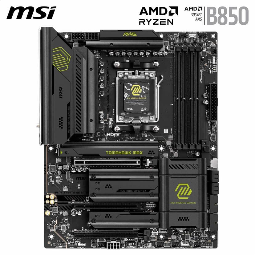 MSI MAG B850 TOMAHAWK MAX WIFI Motherboard, ATX - Supports AMD Ryzen 9000/8000 / 7000 Processors, AM5-80A SPS VRM, DDR5 Memory Boost 8400+ MT/s (OC), PCIe 5.0 x16, M.2 Gen5, Wi-Fi 7, 5G LAN - 2
