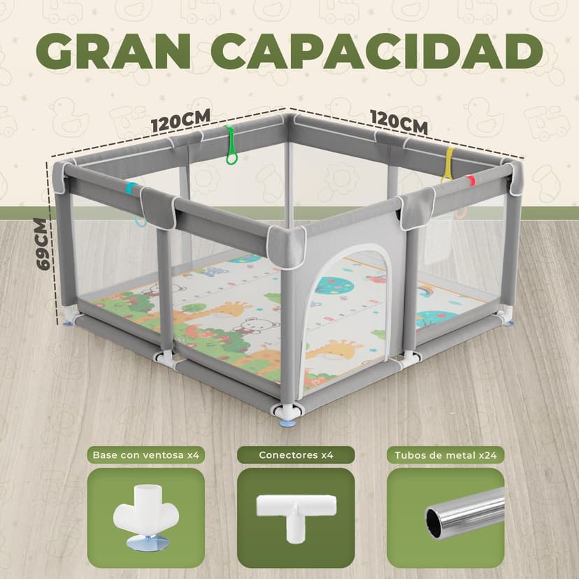 JUPPLIES Parc Bébé Sécurisé avec Tapis 120×120 cm – Aire de Jeu Carrée pour Enfant 6–24 mois, Filet Respirant 360°, Structure Stable Antidérapante, 2 Poignées Incluses - 5
