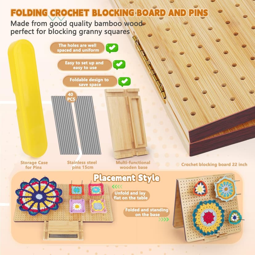 Aeelike Crochet Blocking Board and Pins, Folding Blocking Board for Crochet, 22.5inch Extra Large Foldable Crochet Blocking Board with 40pcs x 15cm Pins for Granny Squares & Knitting Projects - 2