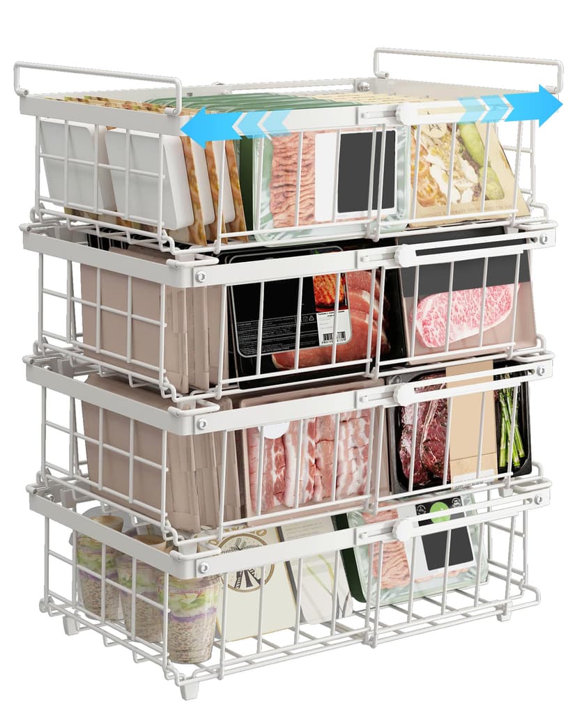 UMDONX Paniers de congélation Blanc- 4 paquets de paniers de congélation pour coffre for 283 à 566L congélateur - Organisateur de congélation empilable pour coffre,Longueur extensible(29-45x30x15cm) - 1