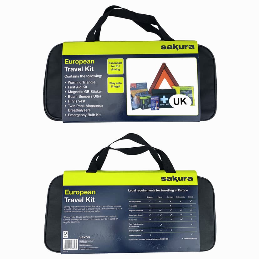 Sakura EU Travel and First Aid Kit - Warning Triangle, Beam Converters, Breathalyser, Bulb Kit, Hi-Vis Vest, Magnetic GB Sticker Perfect for Car, Home, Work - 2