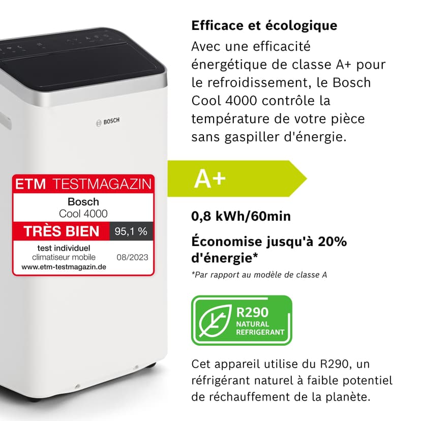 Bosch Cool 4000 Portable AC - 3 en 1 Climatiseur, Déshumidificateur, Ventilateur - 2,6 kW pour les pièces jusqu'à 35m² - Avec Mode Auto, Mode Silencieux et Mode Veille (48 db (A)) [Classe A+] - 4