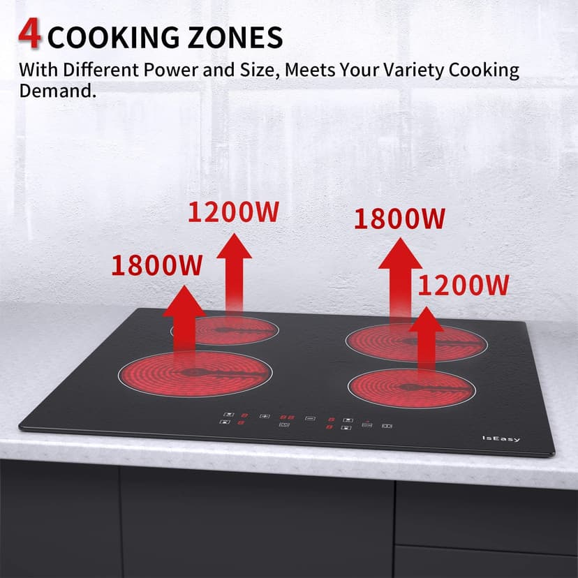 Plaque Vitrocéramique 4 Feux, Table de Cuisson Encastrable - (6000W, 4 Foyers, 60cm, Autarkic, Tactile, Minuteur, Verre-céramique - 2