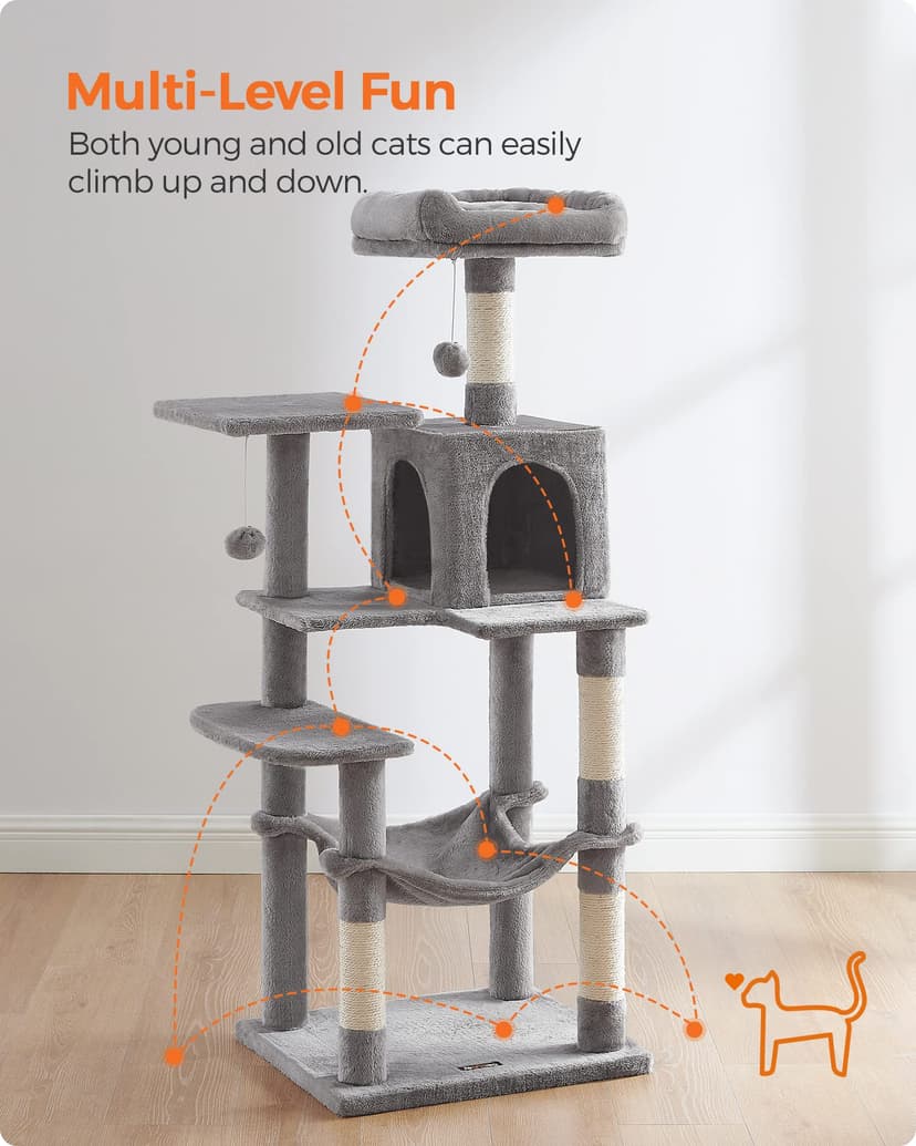 Feandrea Cat Tree Tower, 143 cm Multi-Level Plush Cat Condo with 4 Scratching Posts, 2 Perches, Cave, Hammock, Pompoms, Light Grey PCT161W01 - 3