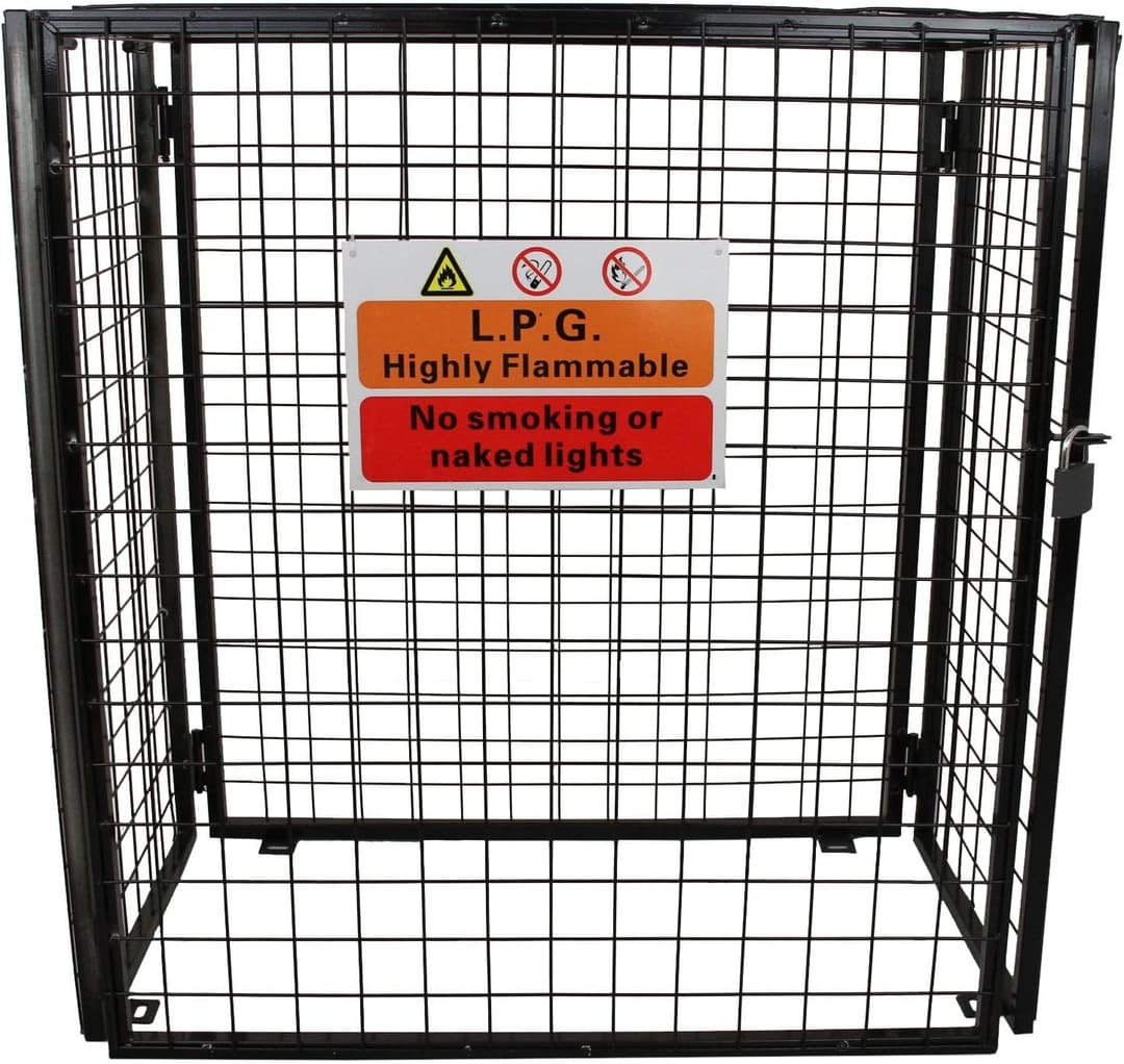 Gas Bottle Cage 920mm x 1100mm x 500mm Collapsible Black Mesh Secure Lockable Storage Powder Coated Galvanised Steel 3mm Wire Thickness 3 x 19kg Cylinder Bottles FREE Warning Sign Padlock & 2 Keys
