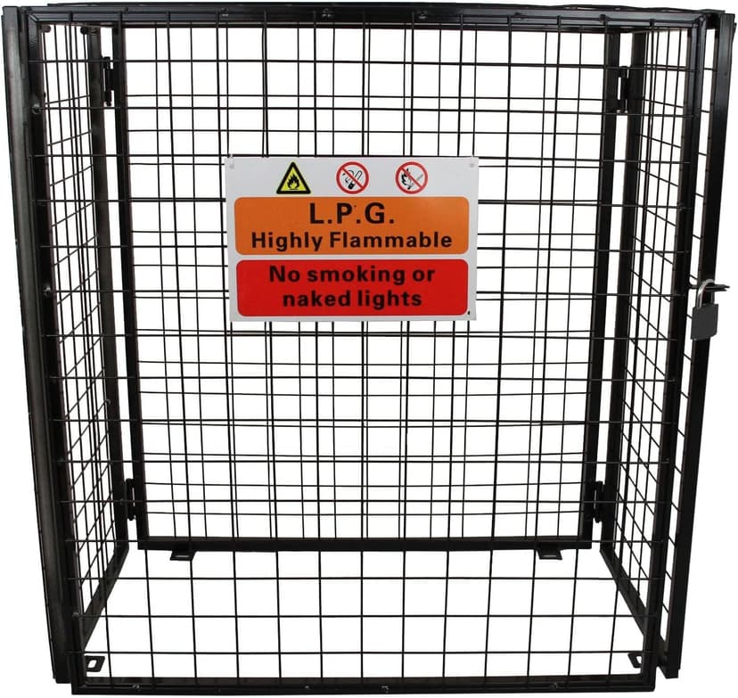 Gas Bottle Cage 920mm x 1100mm x 500mm Collapsible Black Mesh Secure Lockable Storage Powder Coated Galvanised Steel 3mm Wire Thickness 3 x 19kg Cylinder Bottles FREE Warning Sign Padlock & 2 Keys - 1