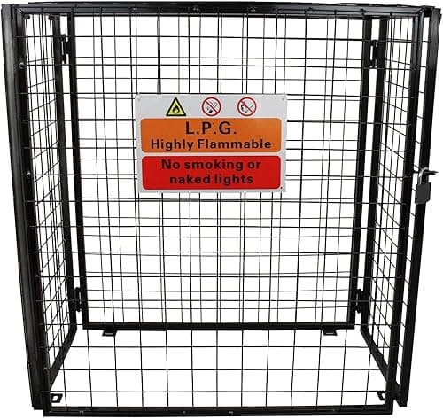 Gas Bottle Cage 920mm x 1100mm x 500mm Collapsible Black Mesh Secure Lockable Storage Powder Coated Galvanised Steel 3mm Wire Thickness 3 x 19kg Cylinder Bottles FREE Warning Sign Padlock & 2 Keys