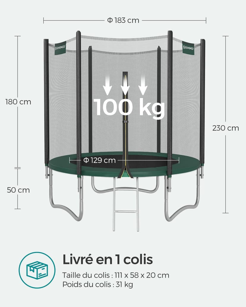 SONGMICS Trampoline Extérieur Enfant Diamètre 183 cm, Filet de Protection Externe, Coussins de Sécurité, Échelle, Poteau Droit de 180 cm de Haut, Cadre en Acier, Noir et Vert STR061C01 - 7
