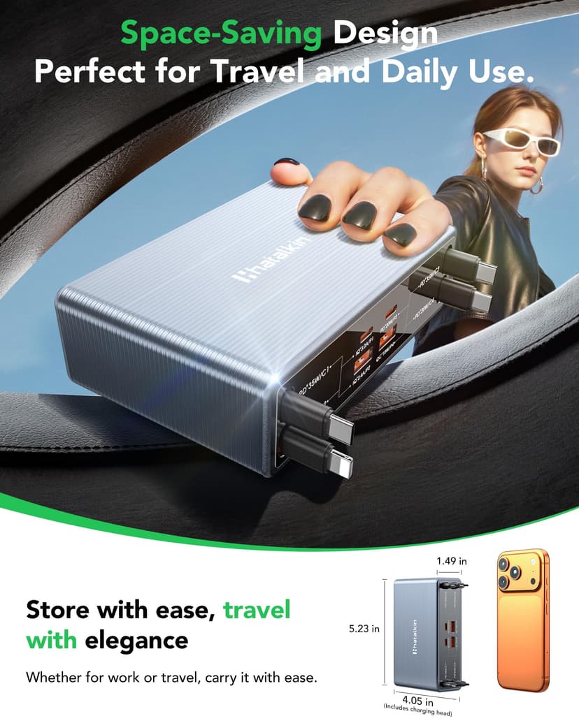 HATALKIN Multi Charger USB C 105W 4 Retractable Charging Station, 4 Ports GAN Chargers and Adapters, for iPhone 17/17 Pro/16/15/14/13, iPad, MacBook Air Series/Samsung Galaxy Tab S8 Series - 8