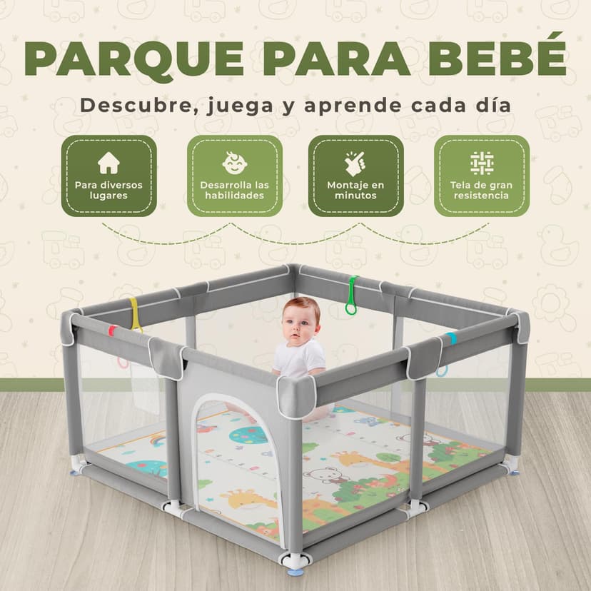 JUPPLIES Parc Bébé Sécurisé avec Tapis 120×120 cm – Aire de Jeu Carrée pour Enfant 6–24 mois, Filet Respirant 360°, Structure Stable Antidérapante, 2 Poignées Incluses - 2