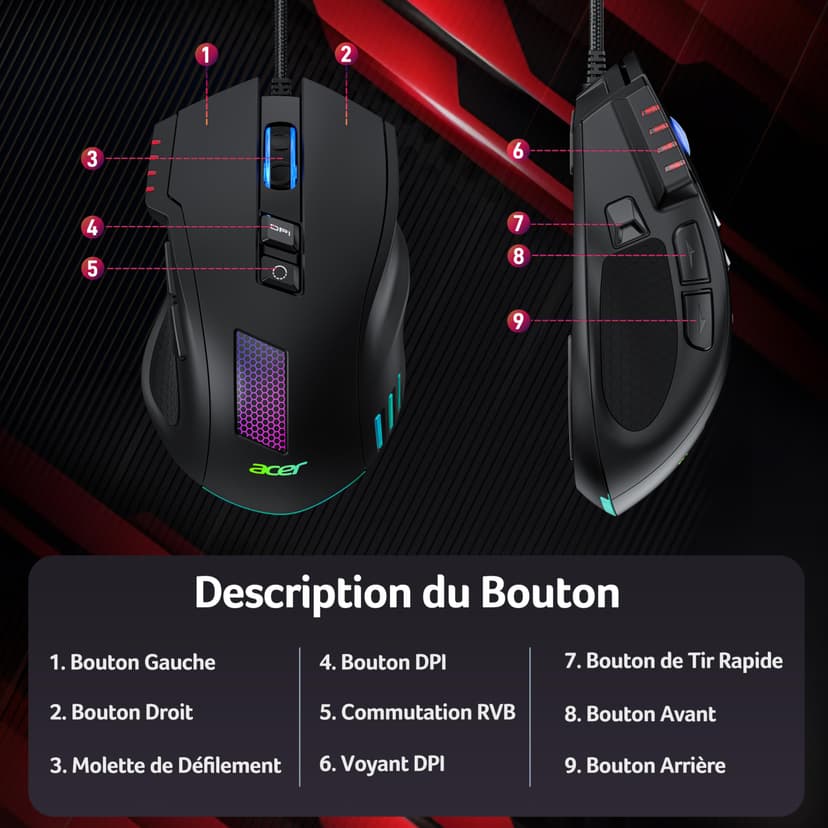 acer Wired Gaming Mouse, 12800 DPI Mouse Gaming RGB, 1000Hz Polling Rate, 8 Programmable Button, 12 Backlights, High Precision, Rapid Fire, Ergonomic Computer Mouse with Driver for Laptop, PC, Mac - 4