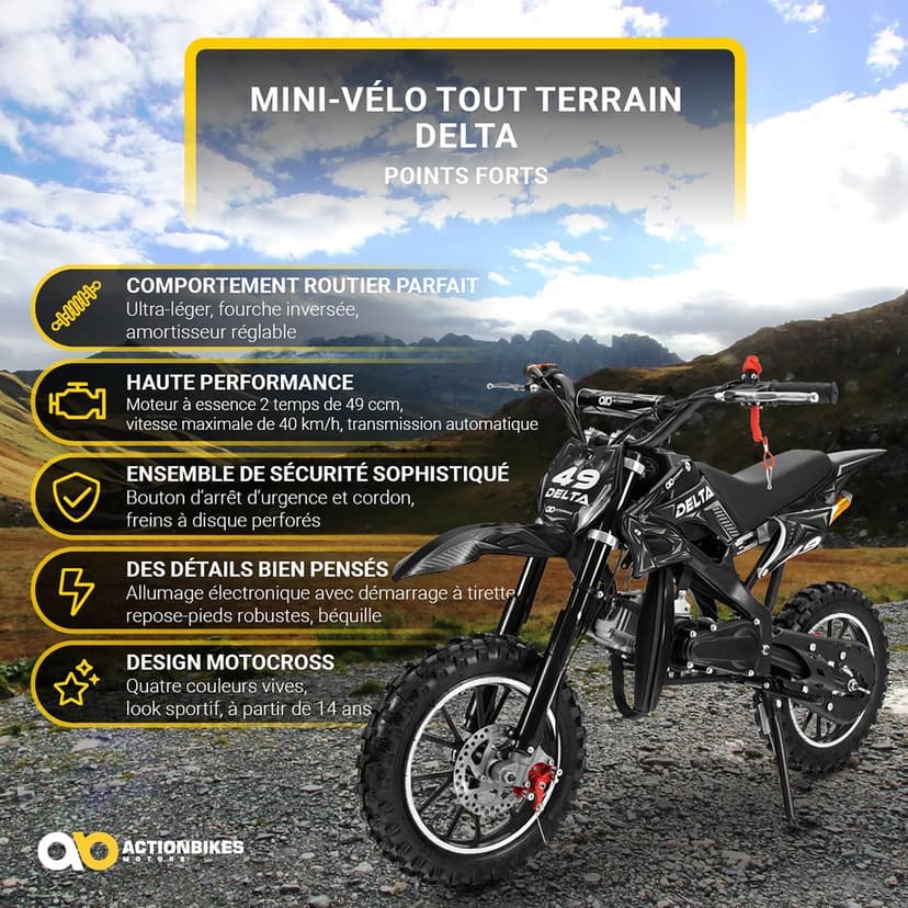 Actionbikes Motors Mini Delta 49 CC Moto-Cross pour Enfants | Freins à Disque - Filtre à air Sport - Échappement Sport - Pneus à air - Pocket Bike - Moto - Motocross - Dirt Bike - Dirtbike (Noir) - 2