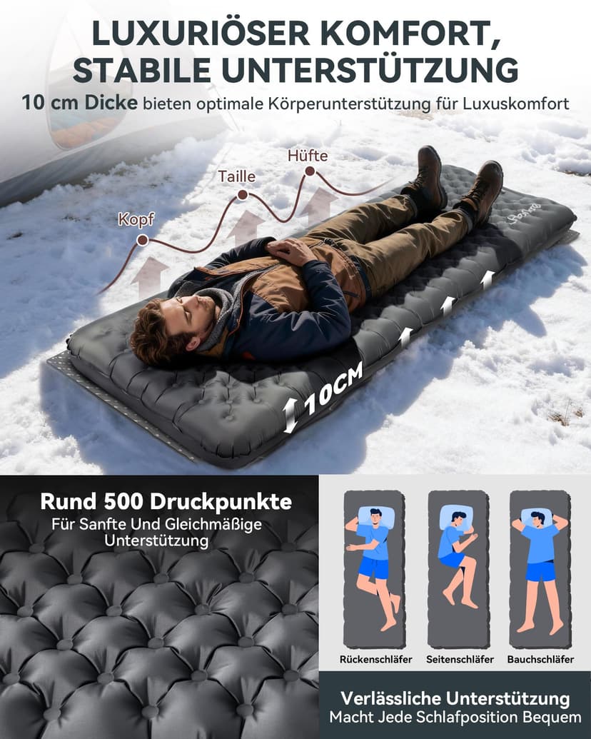 HIKENTURE 7.3 R-Value Camping Sleeping Mat, 10 cm Ultra Thick Sleeping Mat Ultralight with Foot Pump, Insulated Air Mattress, Small Pack Size for 4 Seasons, Inflatable Sleeping Mat for Outdoor, Hiking - 3