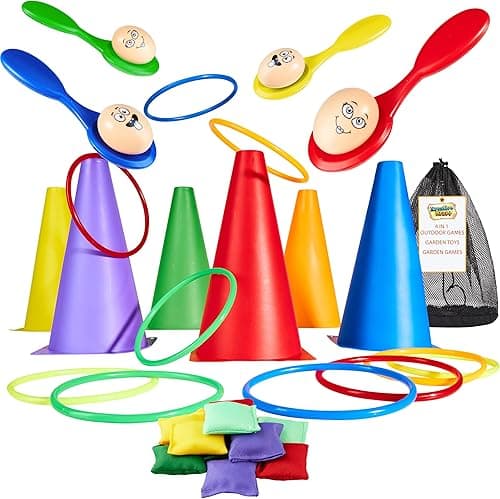 KreativeKraft Kids Games Outdoor Play Equipment for Kids Adults Family Garden Toys Sports Day Kit Egg and Spoon Race Ring Toss Sack Race Bean Bag Snakes and Ladders (8 in 1 Set)