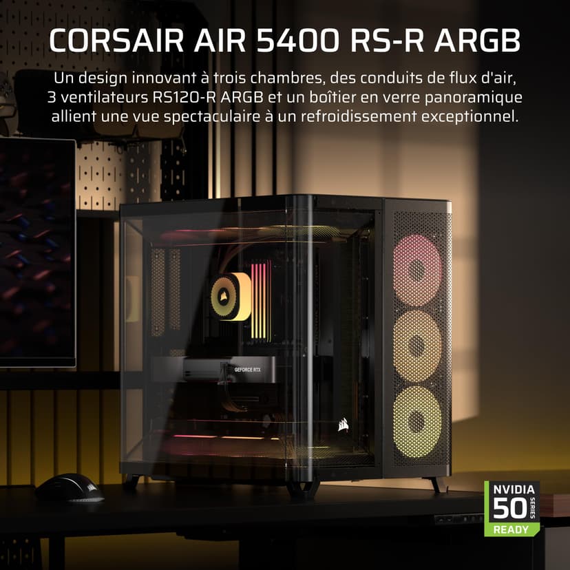 CORSAIR AIR 5400 RS-R ARGB Boîtier PC Triple Chambre Moyen-Tour Panoramique — Chambre Isolée pour AIO 360mm, Compatible Mères À Connexion Inversée, 3X Ventilateurs ARGB RS-R Inclus — Noir - 2