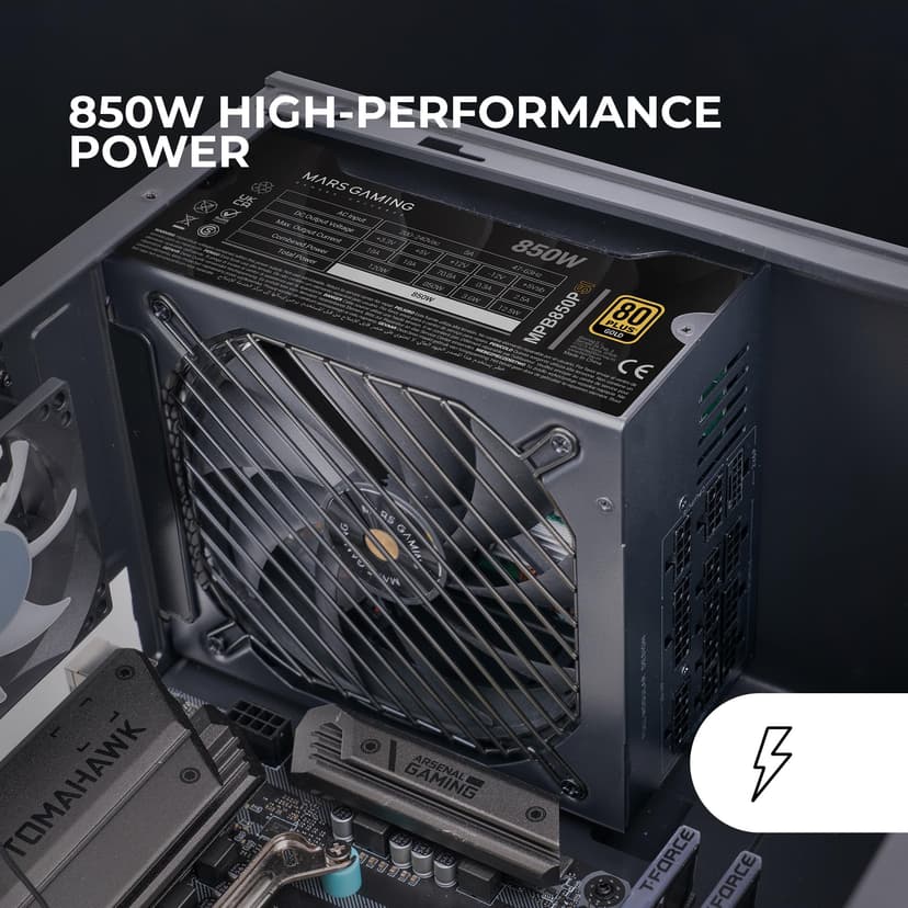 Mars Gaming MPB850PSI, Full Modular ATX Power Supply 850W, 10-Year Warranty, 80Plus Gold 90%, 14cm SI Fan, AI2-RPM Technology, DC-DC and SMD, ATX 3.1 and PCIe 5.1, 12V 2x6 Connector, Black - 2