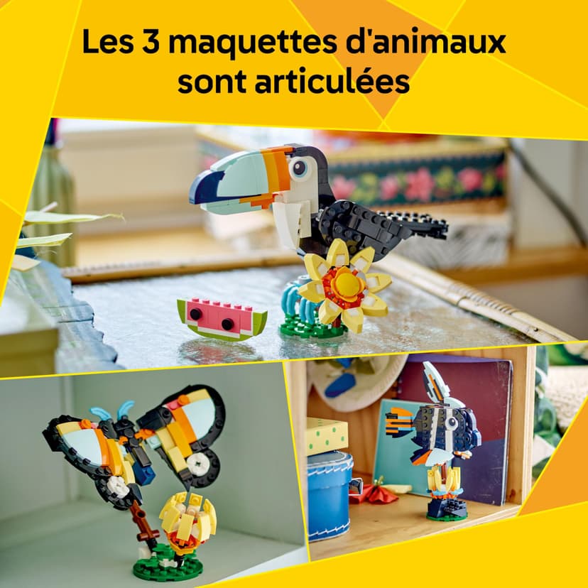 LEGO Creator 3-en-1 Animaux Sauvages : Le Toucan Tropical - Oiseau avec Fleur - Jouet Animal Transformable en Figurine de Papillon ou de Poisson Tropical - Cadeau Original Fille ou Garçon 7 Ans 31173 - 3
