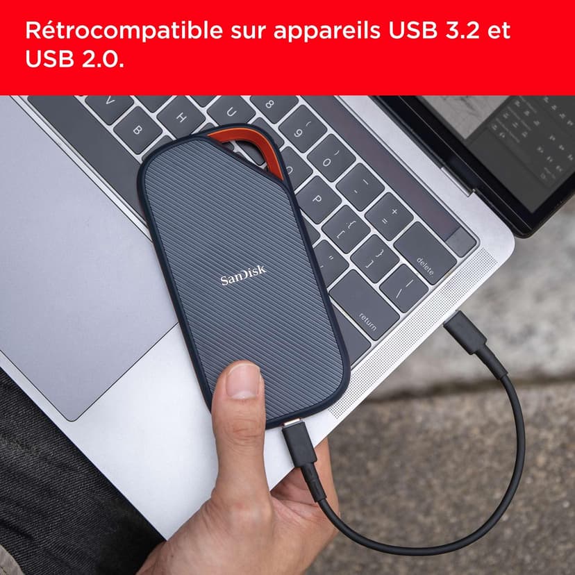 SANDISK Extreme PRO disque SSD Externe avec USB4, 2 To (jusqu’à 3800 Mo/s en lecture et jusqu’à 3700 Mo/s en écriture, USB-C, USB 3.2, 40 Gbit/s. Résistance à la poussière et à l'eau classée IP65)Noir - 3