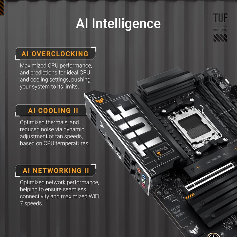 ASUS TUF GAMING X870-PLUS WIFI AMD ATX motherboard, 16+2+1(80A) power stages, DDR5, PCIe 5.0 w/ full support for next-gen GPUs, 4 x M.2 slots, WiFi 7, USB4, front USB 20Gbps w/ PD Fast Charge - 2