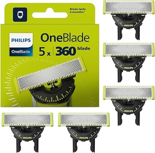 Philips OneBlade Authentic 5x 360 Blade Replacements - Fits ALL OneBlade handles - Durable Stainless Steel- 20- month supply, Model QP450/50