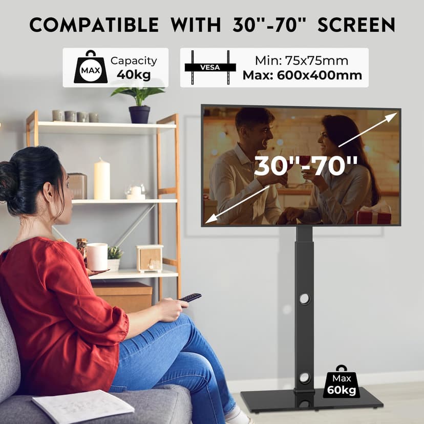 BONTEC TV Floor Stand for 30-70 Inch LED LCD OLED Flat Curved TVs, Height Adjustable Tall Swivel Standing TV Stand, Universal Freestanding Floor Standing TV Stand Base up to 40kg, Max VESA 600x400mm - 3