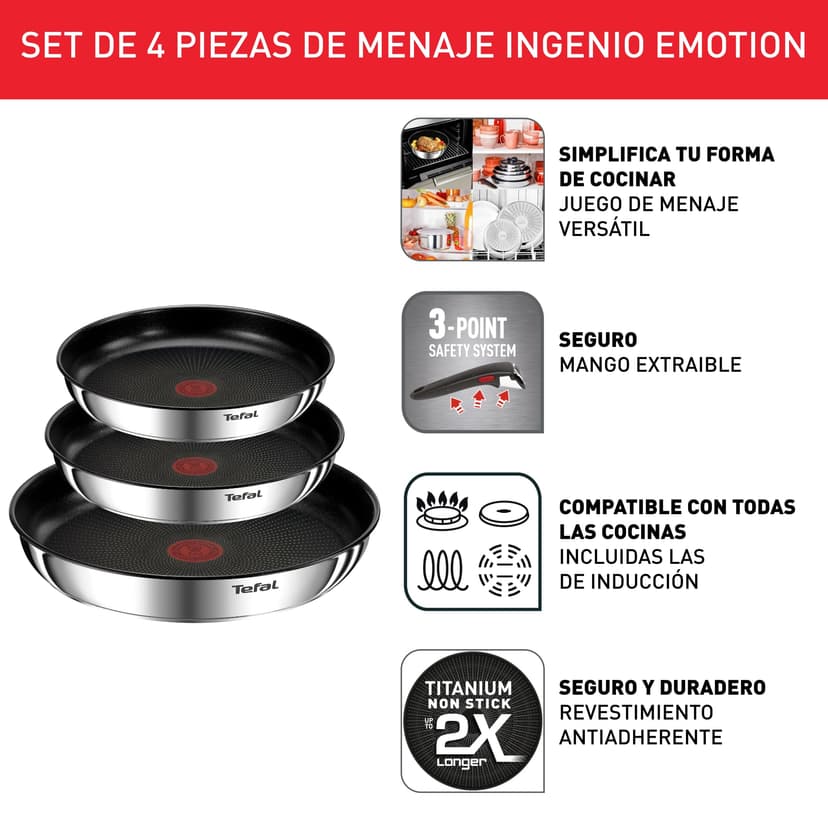 Tefal Ingenio Emotion L8974S45 Batterie de cuisine à induction, 4 pièces, acier inoxydable, empilable, revêtement anti-adhésif, induction - 3