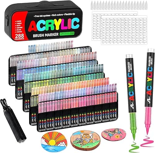 Laconile 288 Marqueurs Acryliques à Pointe Pinceau - Trousse Portable, Nuancier de Couleurs & 20 Pointes de Rechange, Stylo Acrylique Liquide Direct - Idéal pour Céramique, Coloriage(288markers+1bag)