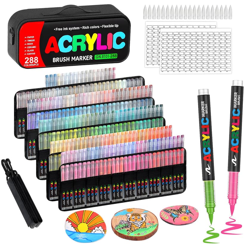 Laconile 288 Marqueurs Acryliques à Pointe Pinceau - Trousse Portable, Nuancier de Couleurs & 20 Pointes de Rechange, Stylo Acrylique Liquide Direct - Idéal pour Céramique, Coloriage(288markers+1bag) - 1