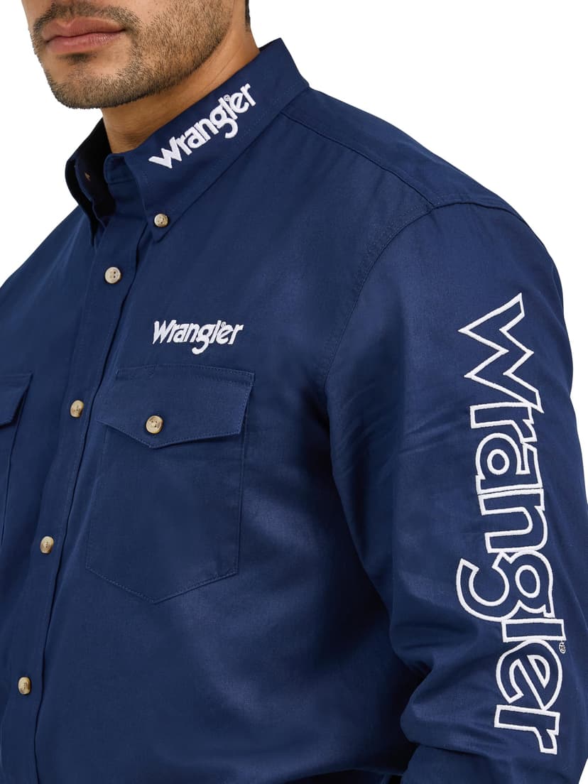 Wrangler Men's Western Logo Two Pocket Long Sleeve Button Shirt, Navy, Large - 4