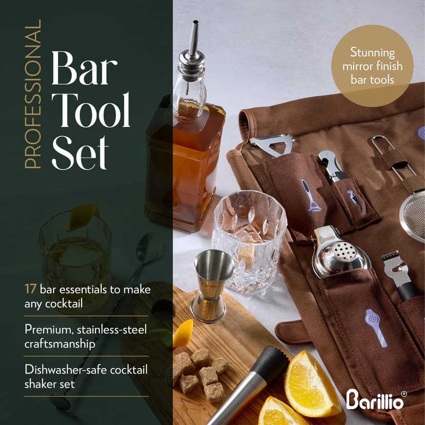 Barillio Bartender Bag Travel Bartender Kit Bag with Bar Tools | Professional 17-Piece Bar Tool Set with Portable Waxed Canvas Bag Including Shoulder Strap for Easy Carry | Travel Cocktail Set…… - 4