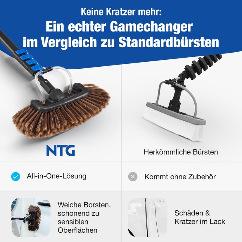 NTG Telescopic Washing Brush 1.68-7m 3-in-1 Brush Head with Extra Soft Bristles + Microfibre Cloth & Squeegee with Water Connector + Soap Dispenser for Windows, Solar (up to 3.6 metres) - 4