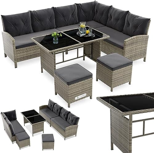 Juskys Salon de Jardin Lounge Manacor en polyrotin Gris moucheté - avec canapé, Table, 2 tabourets et Coussins - Ensemble de Meubles de Jardin jusqu'à 7 Personnes - Housses Grise
