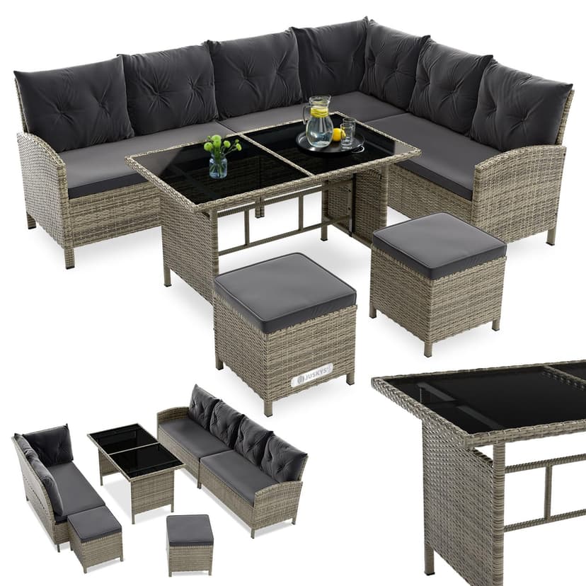 Juskys Salon de Jardin Lounge Manacor en polyrotin Gris moucheté - avec canapé, Table, 2 tabourets et Coussins - Ensemble de Meubles de Jardin jusqu'à 7 Personnes - Housses Grise - 1