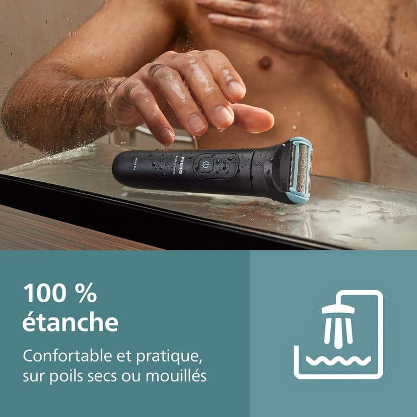 Philips Bodygroom série 5000 - Tondeuse pour hommes avec Triple protection, taille des poils et rasage des zones intimes, accessoire pliant pour le dos, 100% étanche, autonomie de 100 min, BG5480/15 - 8