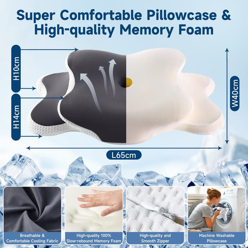 YunNasi Oreiller Ergonomique Cervical Memory Foam Coussin Memoire Forme Oreiller Orthopédique de Forme pour Les Dormeurs sur Le Côté, Le Dos et Le Ventre, 65 * 40 * 14/10cm - 2