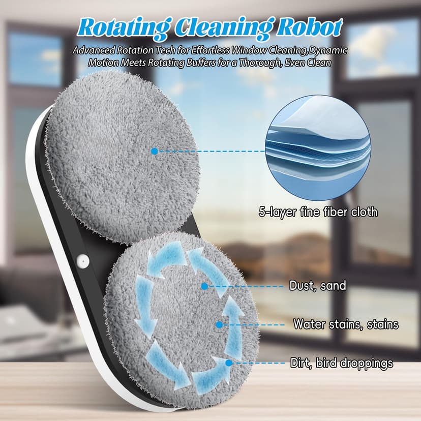 Robot Window Cleaner, 5600Pa Robot Glass Cleaner with Double Water Spray, 3 Cleaning Modes, Remote Control, Smart Navigation, Fall Protection & 8 Cloths, For Smooth Surfaces - 3