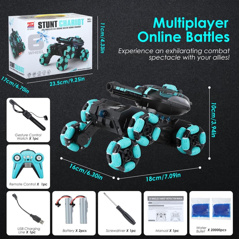 Gkstly RC Tank Toy, Gesture Sensing RC Stunt Car with Light & Music, 2.4G Remote Control Tank Shooting Water Bullets, 360° Rotation Drift Battle Tanks Birthday Festival Gifts for Adults Boys Girls - 5