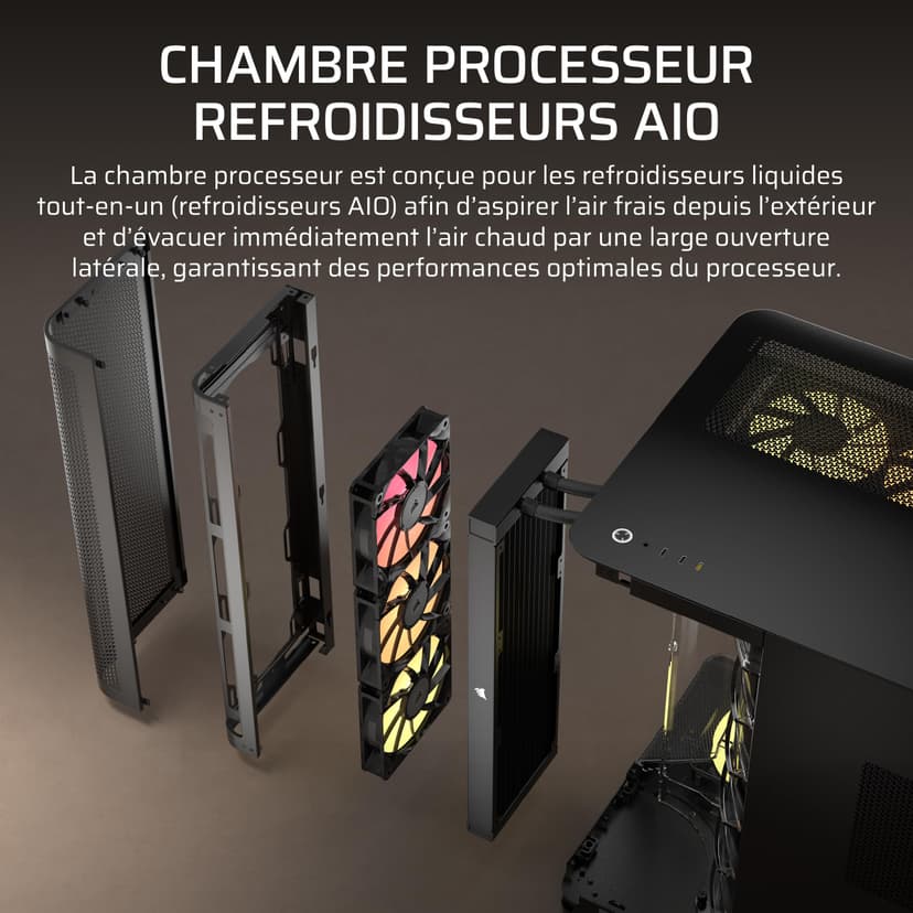 CORSAIR AIR 5400 RS-R ARGB Boîtier PC Triple Chambre Moyen-Tour Panoramique — Chambre Isolée pour AIO 360mm, Compatible Mères À Connexion Inversée, 3X Ventilateurs ARGB RS-R Inclus — Noir - 5