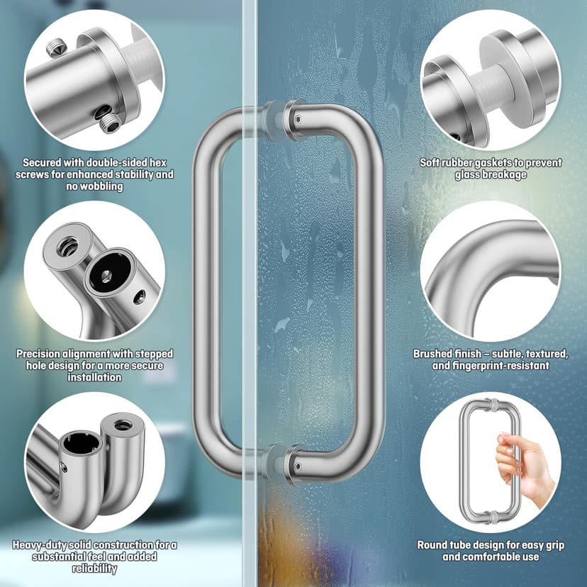 Ranbo Shower Glass Door Handle, 203mm (8 Inch) Hole Centres, Brushed Nickel, 304 Stainless Steel, 1.0mm Thick Tube, Fits 6–12mm (1/4"–1/2") Glass, for Bathroom Door Installation or Replacement. - 3