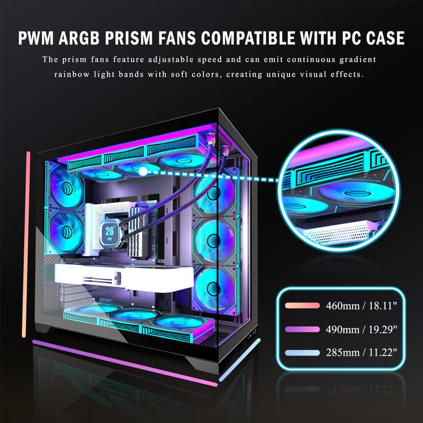 ANSAITE ATX PC Case 9 x 120 mm ARGB PWM Fan Pre-Installed Mid-Tower Gaming PC Case, Panoramic Tempered Glass Black Computer Case with Type C, 360 mm Radiator Support, H-D9 - 4