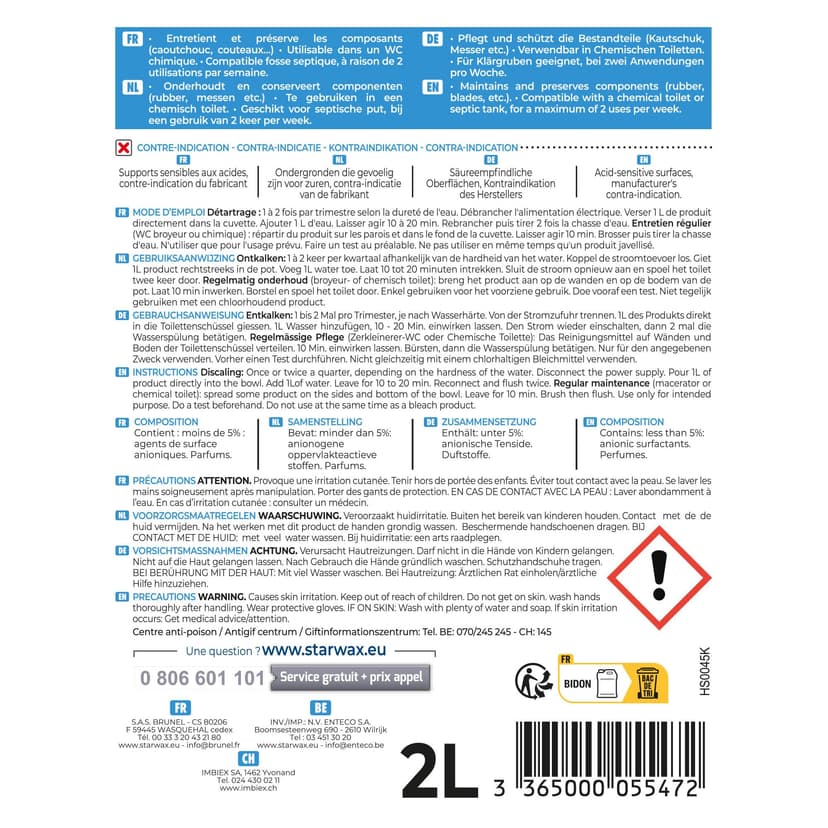 STARWAX - Descaler for Macerator Toilets - Descales Without Harming the System - Suitable for Septic Tanks and Chemical wc - 2L - 7