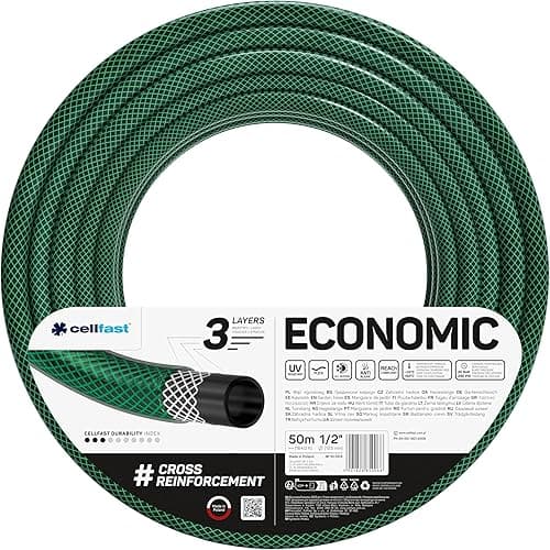 Cellfast Garden Economic 1/2” 50 m, Flexible and Three-Layer Hose, UV, Internal Part Resistant to Algae, 10-003, Green, 1/2" 50m