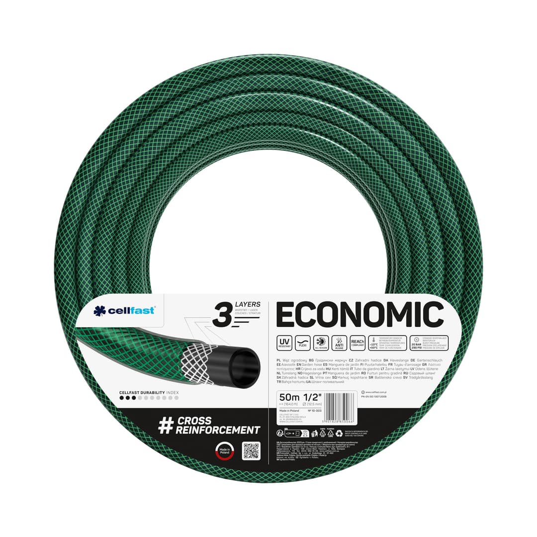 Cellfast Garden Economic 1/2” 50 m, Flexible and Three-Layer Hose, UV, Internal Part Resistant to Algae, 10-003, Green, 1/2" 50m