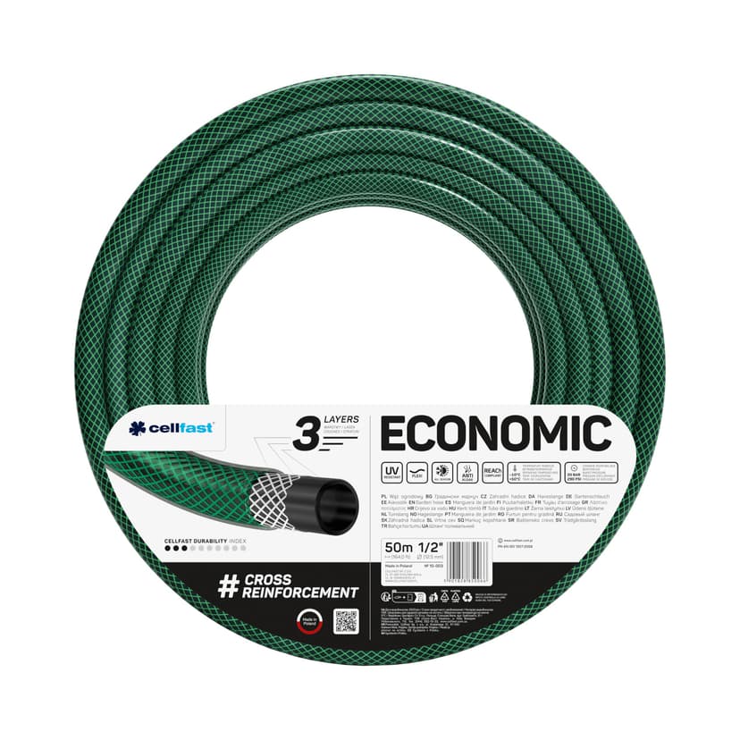 Cellfast Garden Economic 1/2” 50 m, Flexible and Three-Layer Hose, UV, Internal Part Resistant to Algae, 10-003, Green, 1/2" 50m - 1