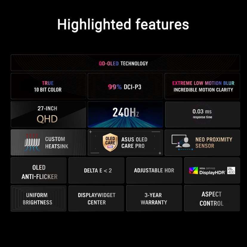 ASUS ROG Strix OLED XG27AQDMES gaming monitor ― 27-inch (26.5-inch viewable) 1440p 240 Hz, 0.03ms, Care Pro, ELMB, G-SYNC® compatible, 99% DCI-P3, and DisplayWidget Center - 2