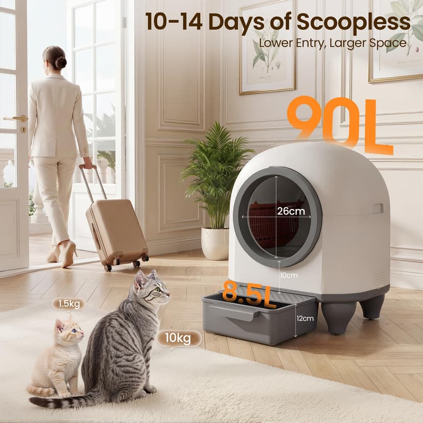 Devoko litiere Chat autonettoyante Automatique, 90L Bac à Litter Automatic Amélioré, bac litiere pour Chat XXL au Design Adorable.Anti-Odeur Longue durée contrôle APP et capteurs de sécurité Inclus - 4