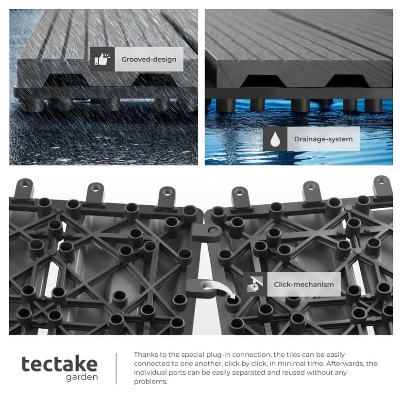 tectake® 22-Piece Decking Tile Set in Wooden Look, 31 x 31 cm per Tile, 2.1142m² Total Area, Easy Interlocking Click System, Non-Slip & Weather-Resistant WPC - Garden & Patio Decking Tiles - Grey - 5