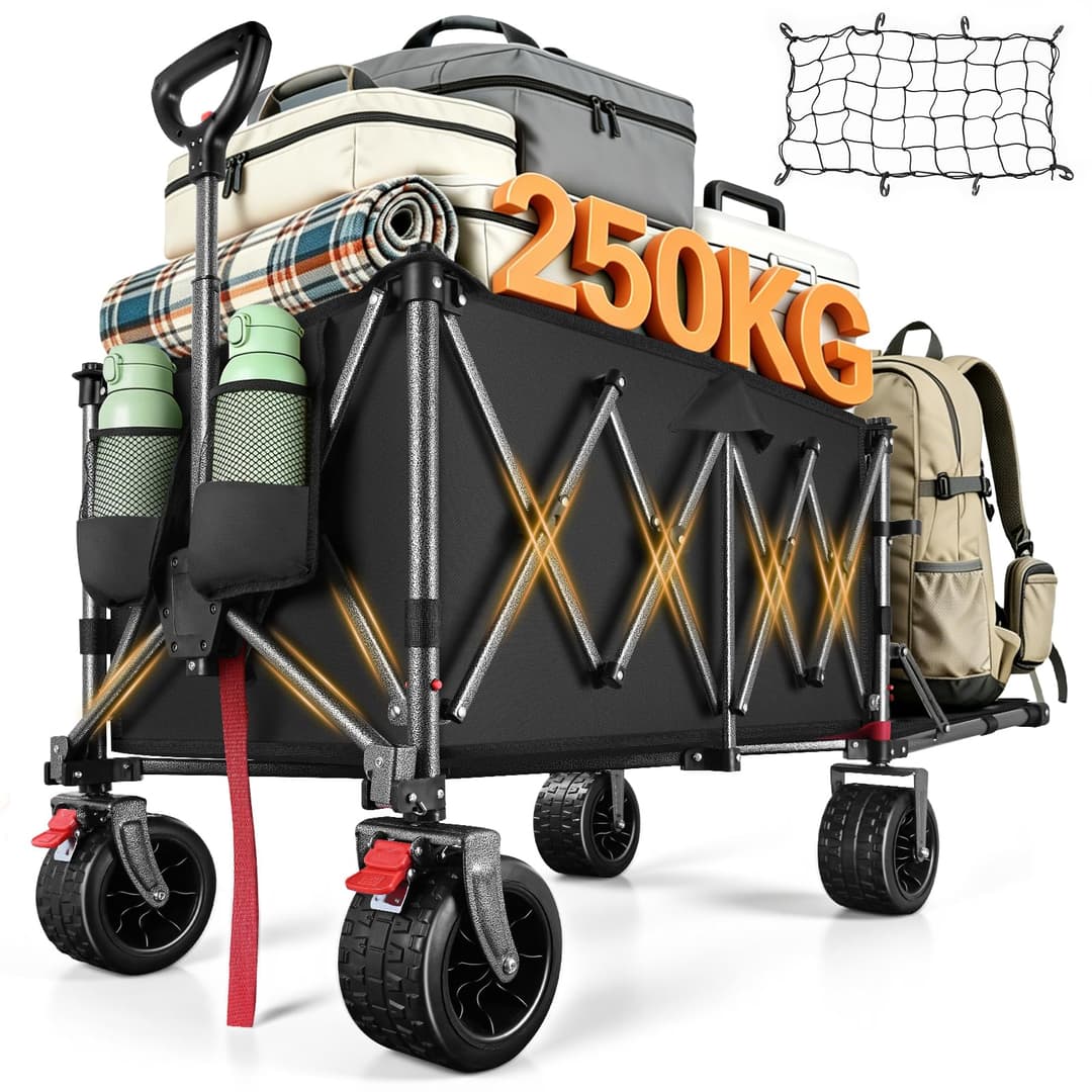 YEAUPE PRO Chariot Pliable 260L 250KG, Chariot de Plage Tout-Terrain Léger 13KG, Roues Large 17cm, Multifonction pour Jardin, Courses, Plage, Pique-Nique & Activités Extérieures