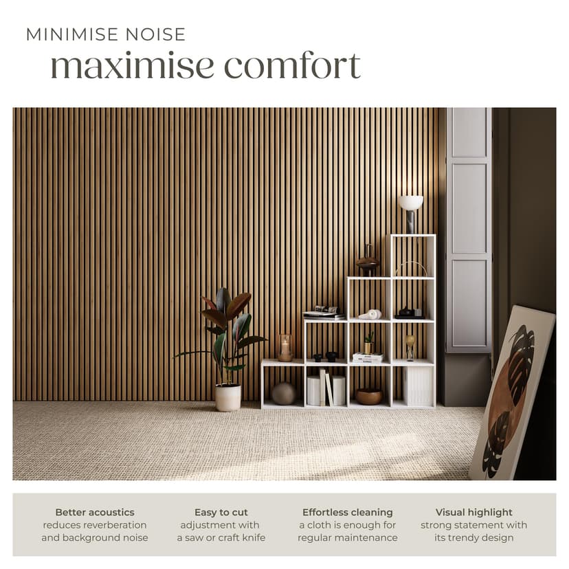 tectake® Set of 2 Acoustic Wall Panels with Real Wood Veneer & MDF, Sound-Absorbing Acoustic Panels with Felt Fabric & Wood Slats, Adjustable Size & Easy Installation, 120 x 60 x 2.1 cm - Oak - 3